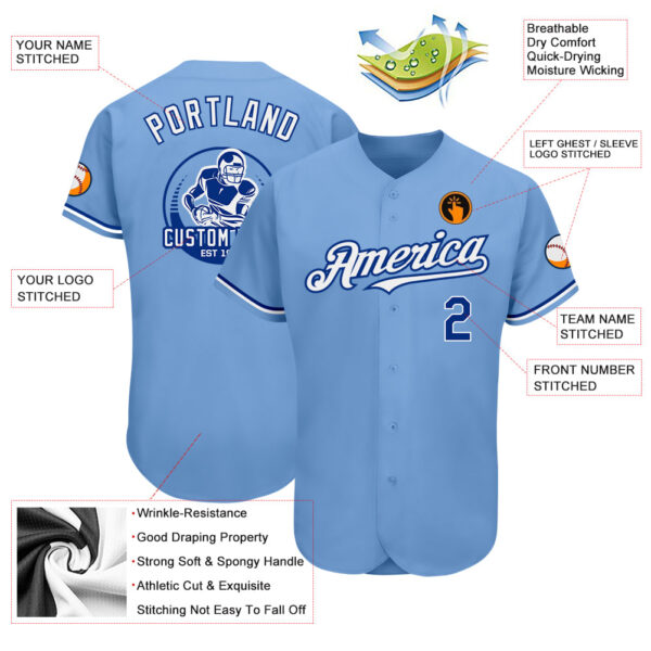 Custom Light Blue Royal-White Authentic Baseball Jersey - Image 3