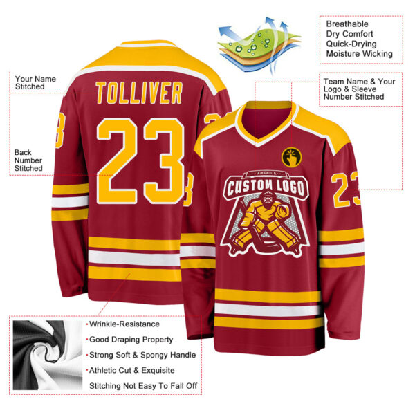 Custom Maroon Gold-White Hockey Jersey - Image 3