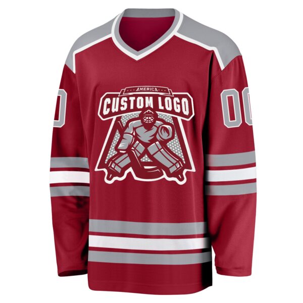Custom Maroon Gray-White Hockey Jersey - Image 2