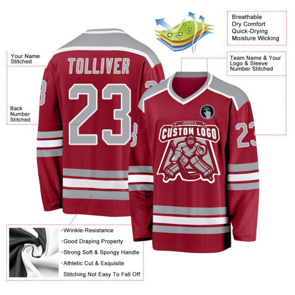 Custom Maroon Gray-White Hockey Jersey - Image 3