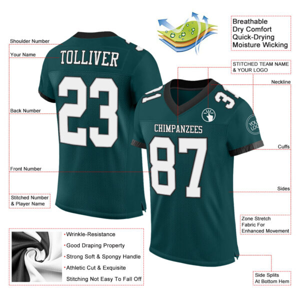 Custom Midnight Green White Gray-Black Mesh Authentic Football Jersey - Image 2