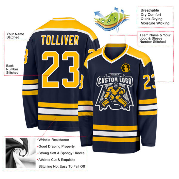Custom Navy Gold-White Hockey Jersey - Image 3