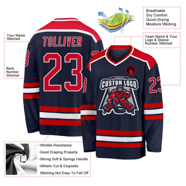 Custom Navy Red-White Hockey Jersey - Image 3