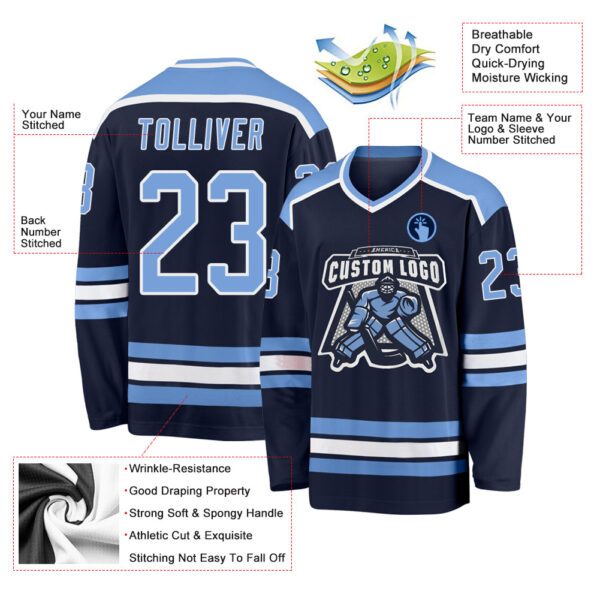 Custom Navy Light Blue-White Hockey Jersey - Image 3
