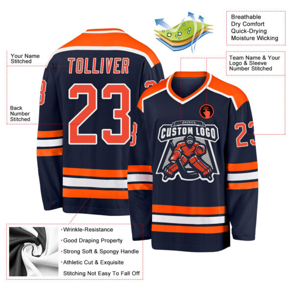 Custom Navy Orange-White Hockey Jersey - Image 3