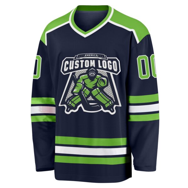 Custom Navy Neon Green-White Hockey Jersey - Image 2