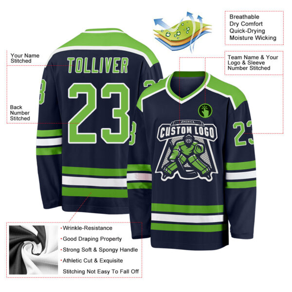 Custom Navy Neon Green-White Hockey Jersey - Image 3