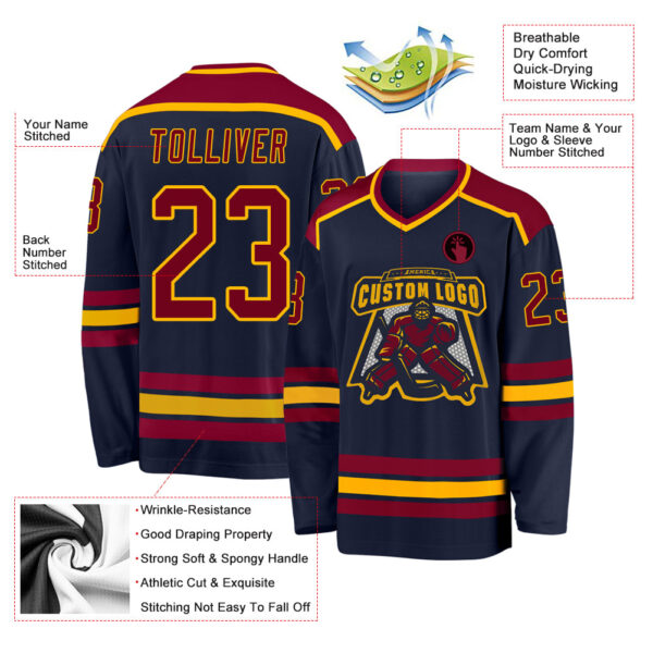 Custom Navy Maroon-Gold Hockey Jersey - Image 3