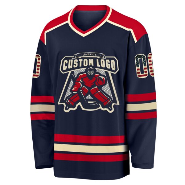 Custom Navy Vintage USA Flag Cream-Red Hockey Jersey - Image 2
