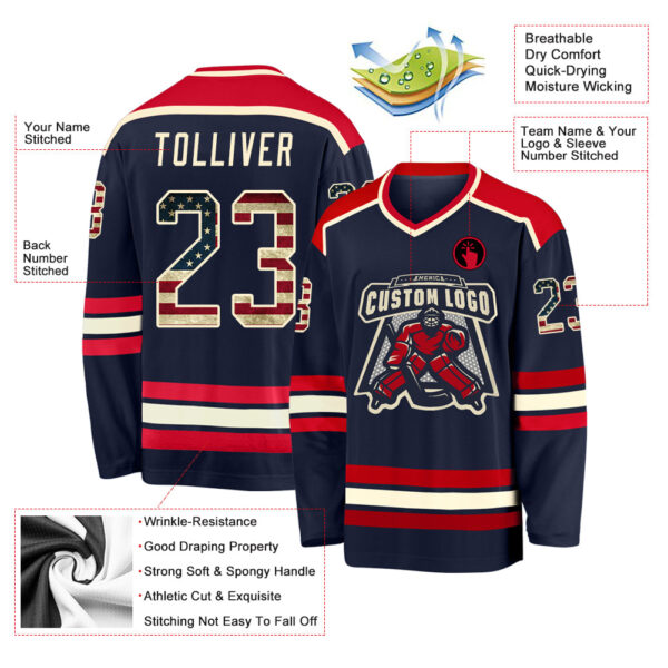Custom Navy Vintage USA Flag Cream-Red Hockey Jersey - Image 3