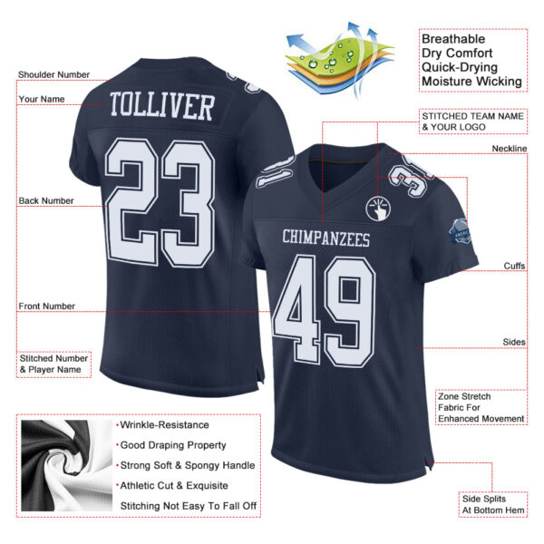 Custom Navy White Mesh Authentic Football Jersey - Image 2
