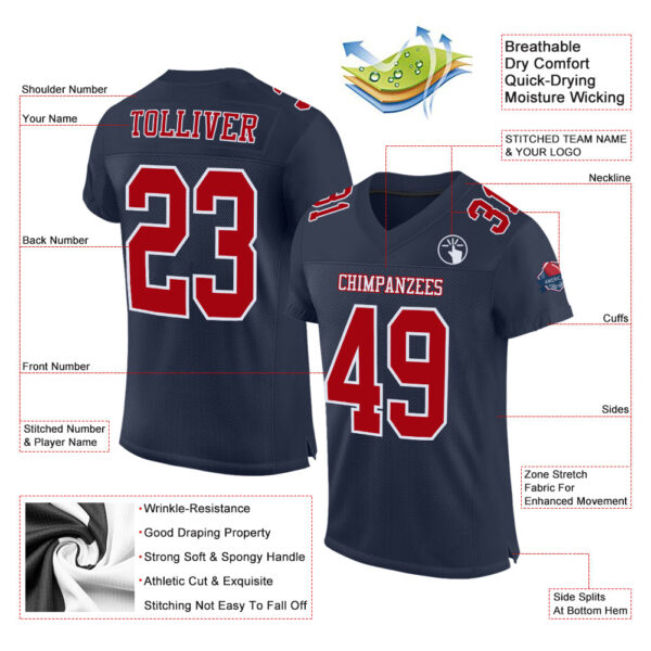 Custom Navy Red-White Mesh Authentic Football Jersey - Image 2