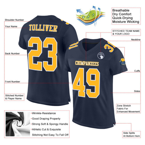 Custom Navy Gold-White Mesh Authentic Football Jersey - Image 2