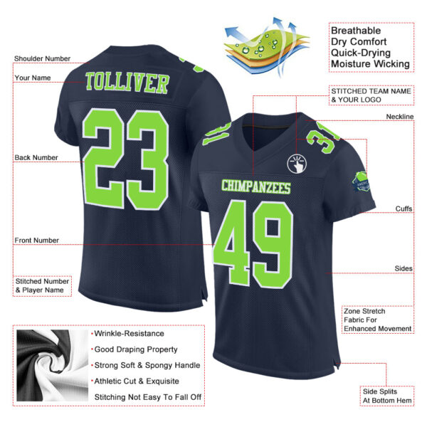Custom Navy Neon Green-White Mesh Authentic Football Jersey - Image 2