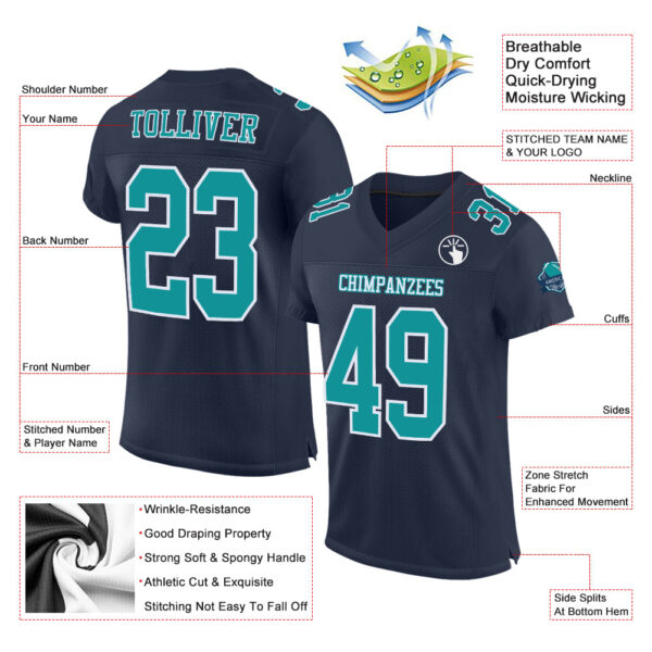 Custom Navy Aqua-White Mesh Authentic Football Jersey - Image 2