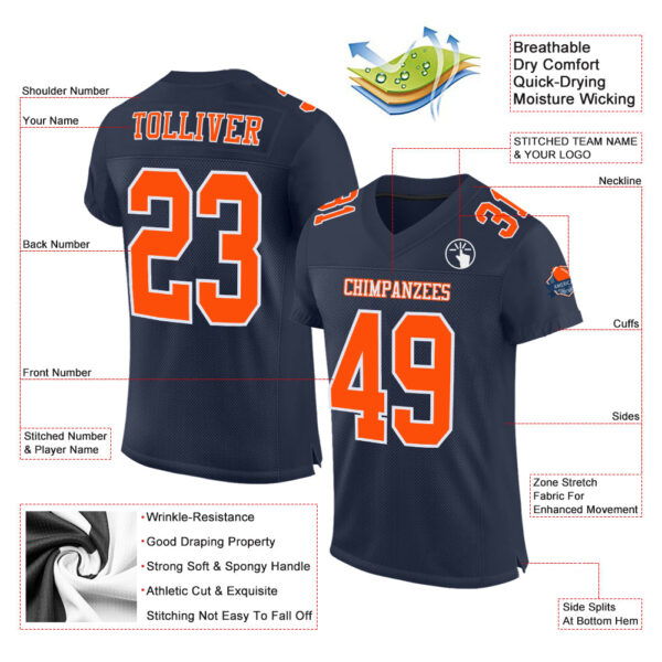 Custom Navy Orange-White Mesh Authentic Football Jersey - Image 2