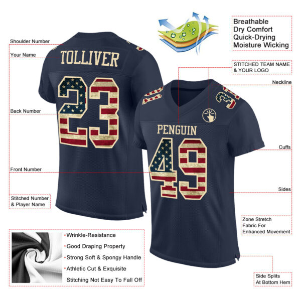 Custom Navy Vintage USA Flag-Cream Mesh Authentic Football Jersey - Image 2