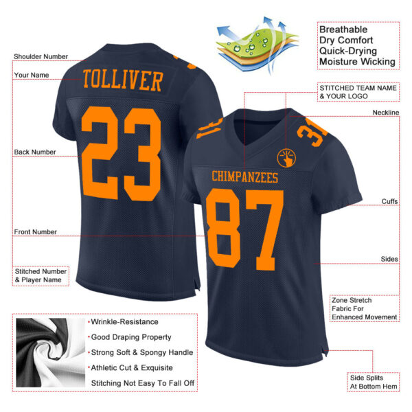 Custom Navy Bay Orange Mesh Authentic Football Jersey - Image 2