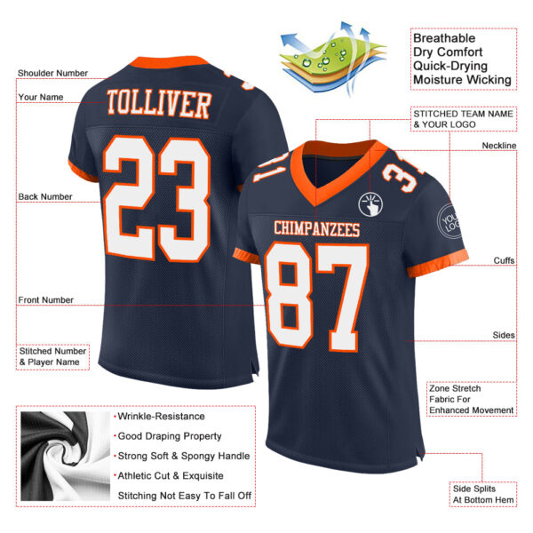 Custom Navy White-Orange Mesh Authentic Football Jersey - Image 2