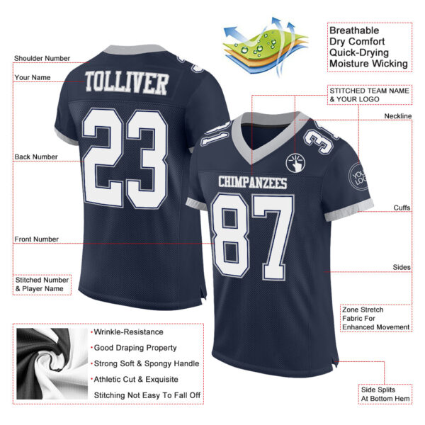 Custom Navy White-Gray Mesh Authentic Football Jersey - Image 2
