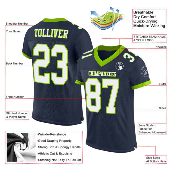 Custom Navy White-Neon Green Mesh Authentic Football Jersey - Image 2