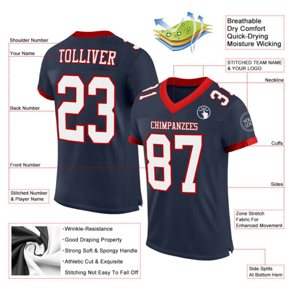 Custom Navy White-Red Mesh Authentic Football Jersey - Image 2