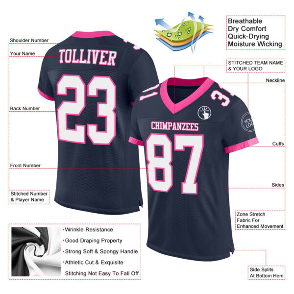 Custom Navy White-Pink Mesh Authentic Football Jersey - Image 2