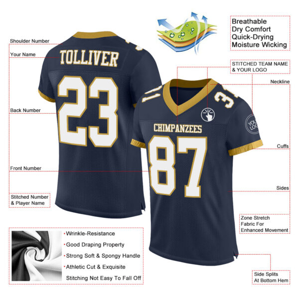 Custom Navy White-Old Gold Mesh Authentic Football Jersey - Image 2