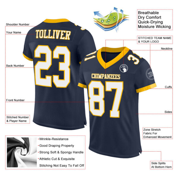 Custom Navy White-Gold Mesh Authentic Football Jersey - Image 2