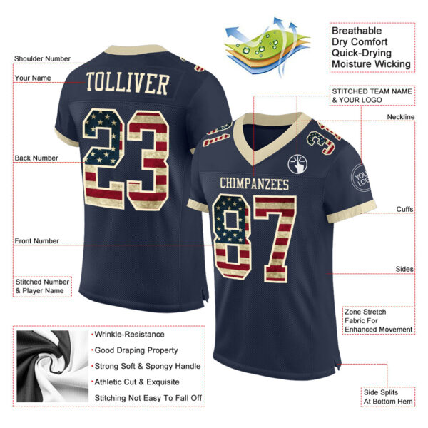 Custom Navy Vintage USA Flag-Cream Mesh Authentic Football Jersey - Image 2