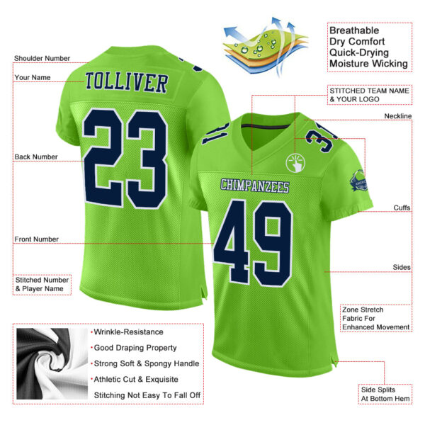 Custom Neon Green Navy-White Mesh Authentic Football Jersey - Image 2