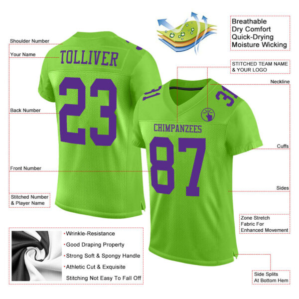 Custom Neon Green Purple Mesh Authentic Football Jersey - Image 2