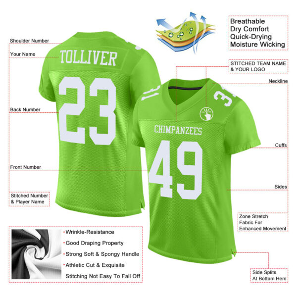 Custom Neon Green White Mesh Authentic Football Jersey - Image 2