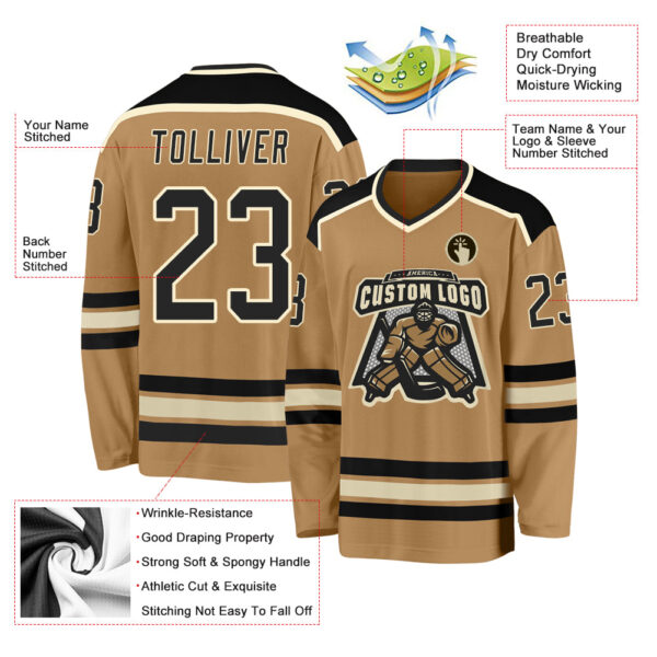 Custom Old Gold Black-Cream Hockey Jersey - Image 3