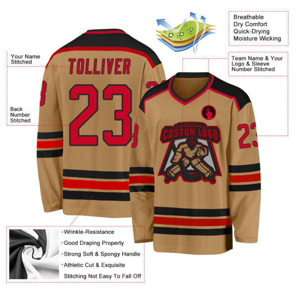 Custom Old Gold Red-Black Hockey Jersey - Image 3
