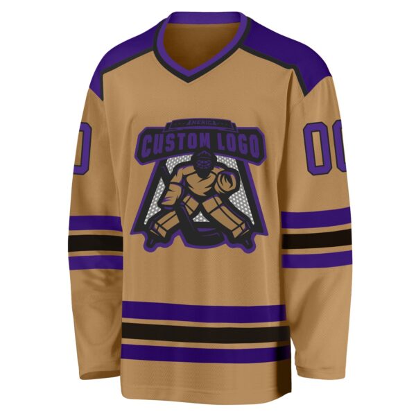 Custom Old Gold Purple-Black Hockey Jersey - Image 2
