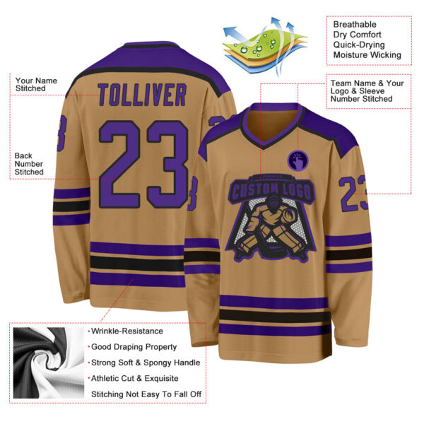 Custom Old Gold Purple-Black Hockey Jersey - Image 3