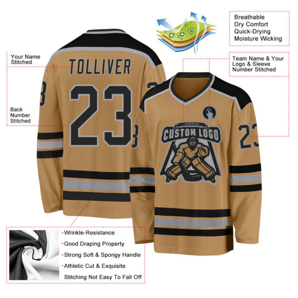Custom Old Gold Black-Gray Hockey Jersey - Image 3