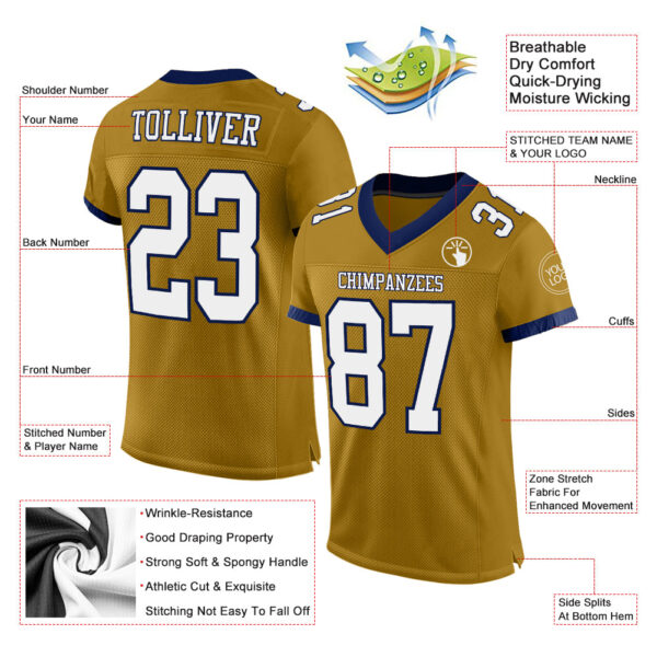Custom Old Gold White-Navy Mesh Authentic Football Jersey - Image 2
