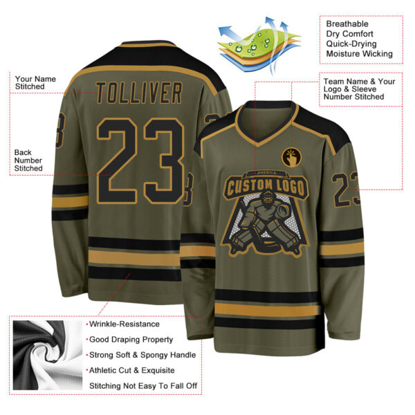Custom Olive Black-Old Gold Salute To Service Hockey Jersey - Image 3