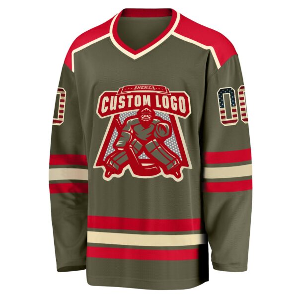 Custom Olive Vintage USA Flag Cream-Red Salute To Service Hockey Jersey - Image 2