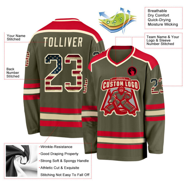 Custom Olive Vintage USA Flag Cream-Red Salute To Service Hockey Jersey - Image 3