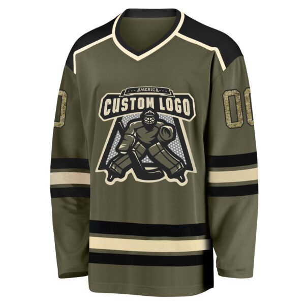 Custom Olive Camo Black-Cream Salute To Service Hockey Jersey - Image 2