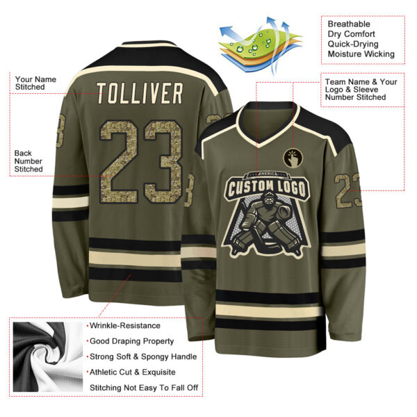 Custom Olive Camo Black-Cream Salute To Service Hockey Jersey - Image 3