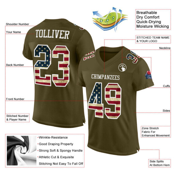 Custom Olive Vintage USA Flag-White Mesh Authentic Salute To Service Football Jersey - Image 2