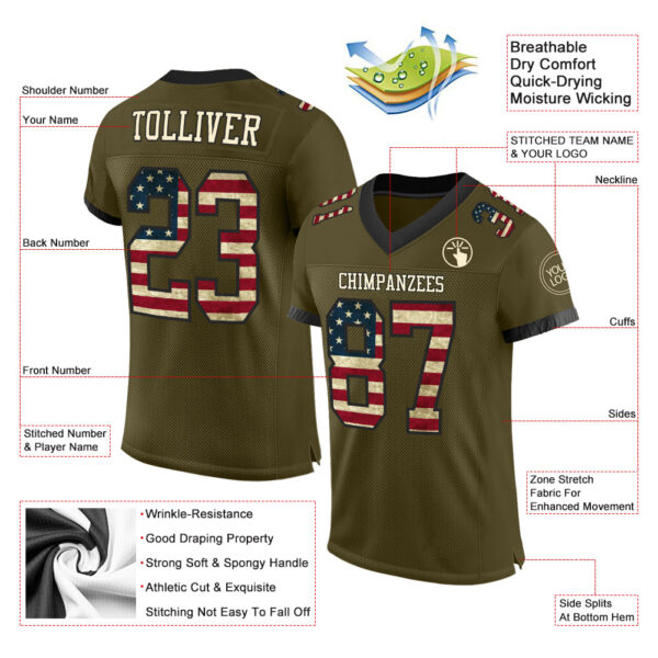 Custom Olive Vintage USA Flag Cream-Black Mesh Authentic Salute To Service Football Jersey - Image 2