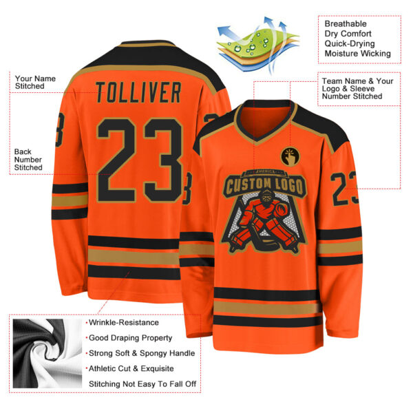 Custom Orange Black-Old Gold Hockey Jersey - Image 3