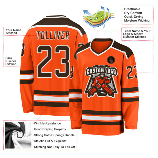 Custom Orange Brown-White Hockey Jersey - Image 3