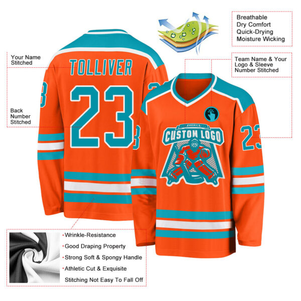 Custom Orange Teal-White Hockey Jersey - Image 3