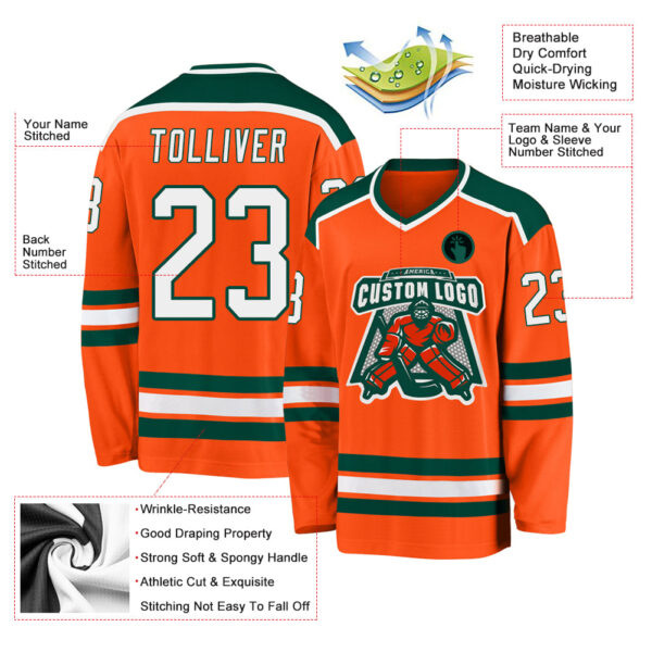 Custom Orange White-Green Hockey Jersey - Image 3